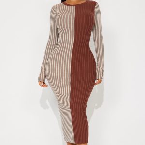 Chai Latte Sweater Midi Dress - Brown Combo