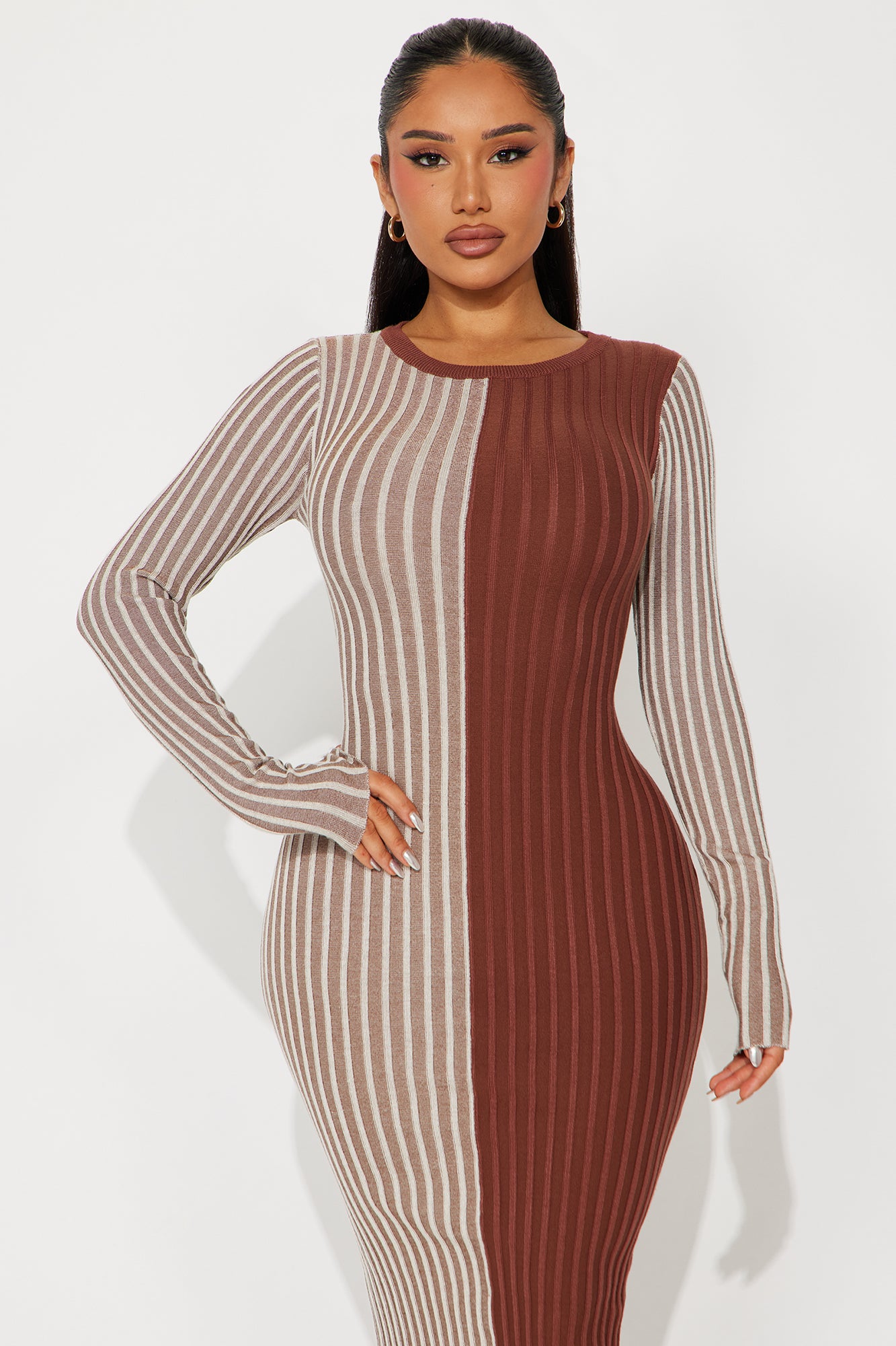 Chai Latte Sweater Midi Dress - Brown Combo - Image 6