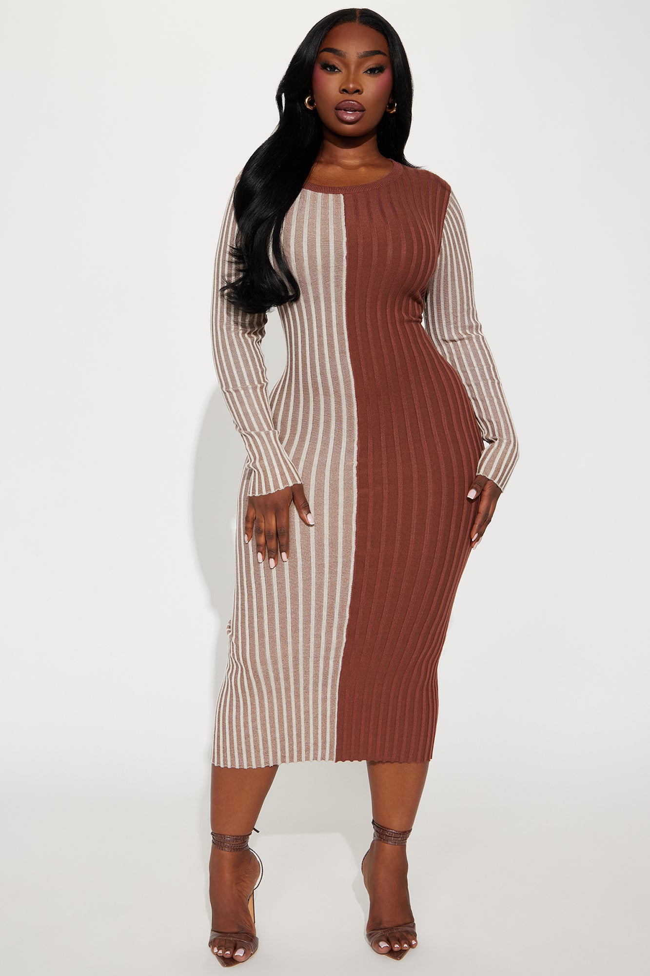 Chai Latte Sweater Midi Dress - Brown Combo - Image 5