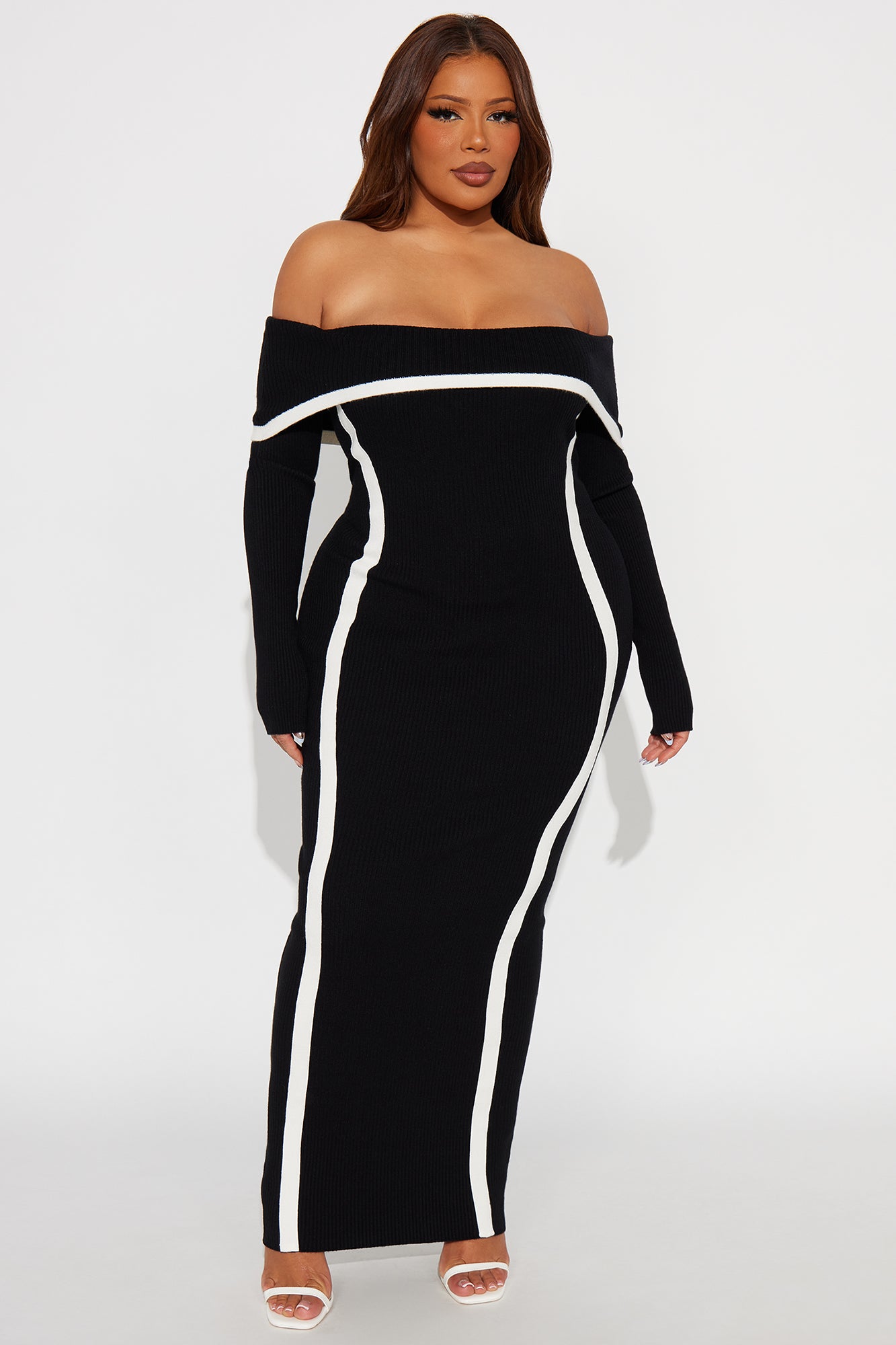 Monique Off Shoulder Sweater Maxi Dress - Black/White - Image 6