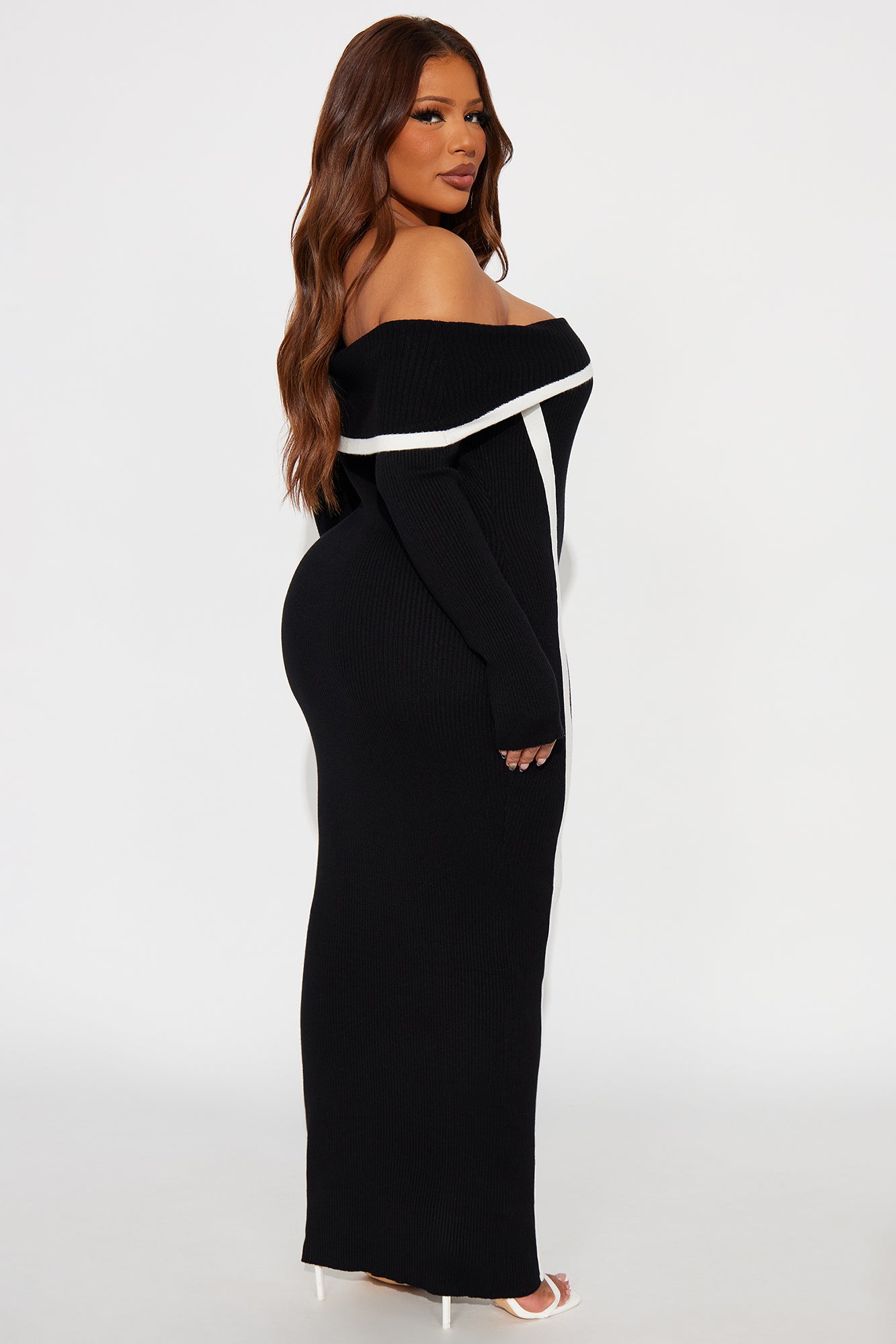 Monique Off Shoulder Sweater Maxi Dress - Black/White - Image 3