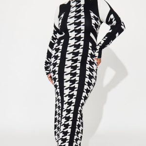 Houndstooth Sweater Maxi Dress - Black/White